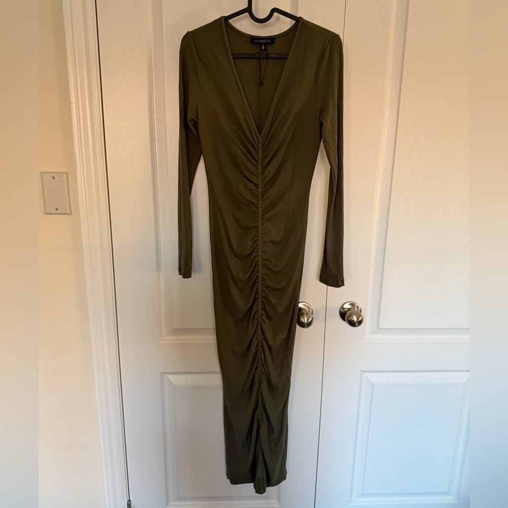 Dynamite Olive Green Long Sleeve Ruched Maxi Dress - Size M